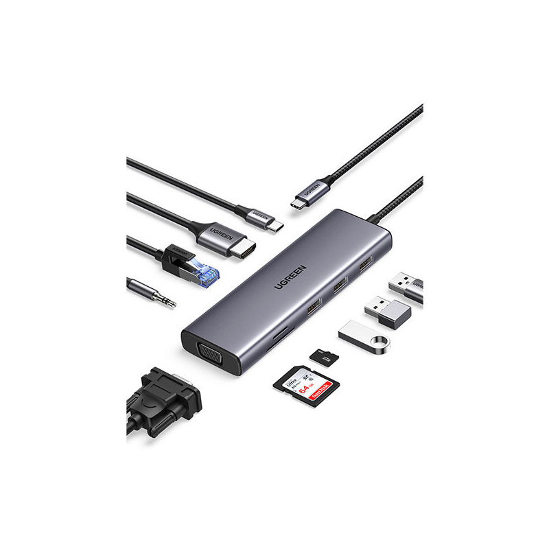 UGREEN CM498 10 -In -1 Docking Station- USB-C To 3*USB A 3.0/HDMI/VGA/RJ45 Gigabit/SD/TF/ AUX3.5mm /100W PD Converter UGREEN CM498 10 -In -1 Docking Station- USB-C To 3*USB A 3.0/HDMI/VGA/RJ45 Gigabit/SD/TF/ AUX3.5mm /100W PD Converter