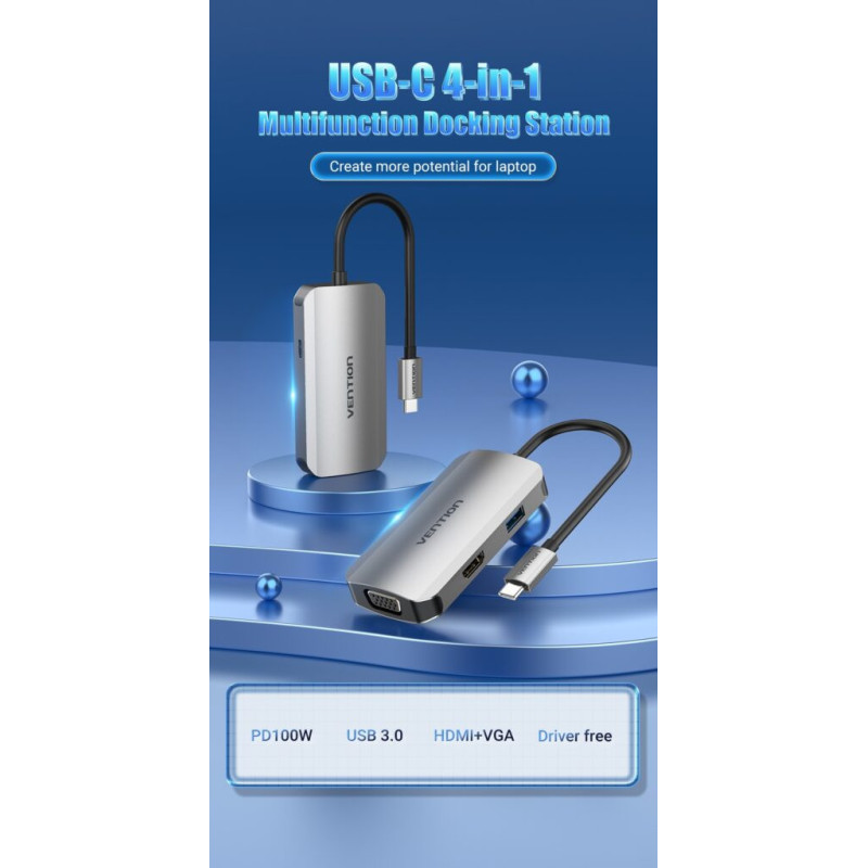 VEN TOAHB Vention USB-C MULTI-FUNCTIONAL 4 in 1 DOCKING STATION - Type C HDMI, VGA, USB 3.0, PD Docking Station