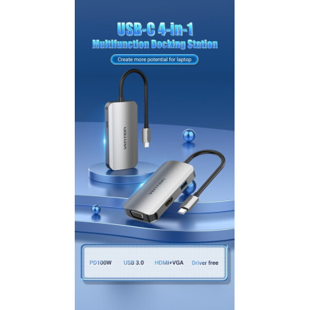 VEN TOAHB Vention USB-C MULTI-FUNCTIONAL 4 in 1 DOCKING STATION - Type C HDMI, VGA, USB 3.0, PD Docking Station