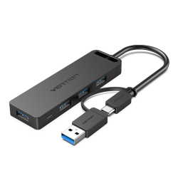 VEN TGKBB Vention Type-C to 4-Port USB 3.0 Hub with Power Supply Black 0.15M ABS Type
