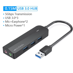 VEN CHIBB Vention 3-Port USB 3.0 Hub with Sound Card and Power Supply 0.15M Black