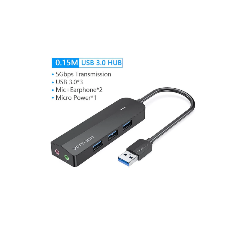 VEN CHIBB Vention 3-Port USB 3.0 Hub with Sound Card and Power Supply 0.15M Black VEN CHIBB Vention 3-Port USB 3.0 Hub with Sound Card and Power Supply 0.15M Black