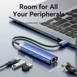 VEN TGFSB Vention 5-in-1 USB 3.0 to USB 3.0 x 3/RJ45/USB-C Hub 0.15M Blue Aluminum Alloy Type