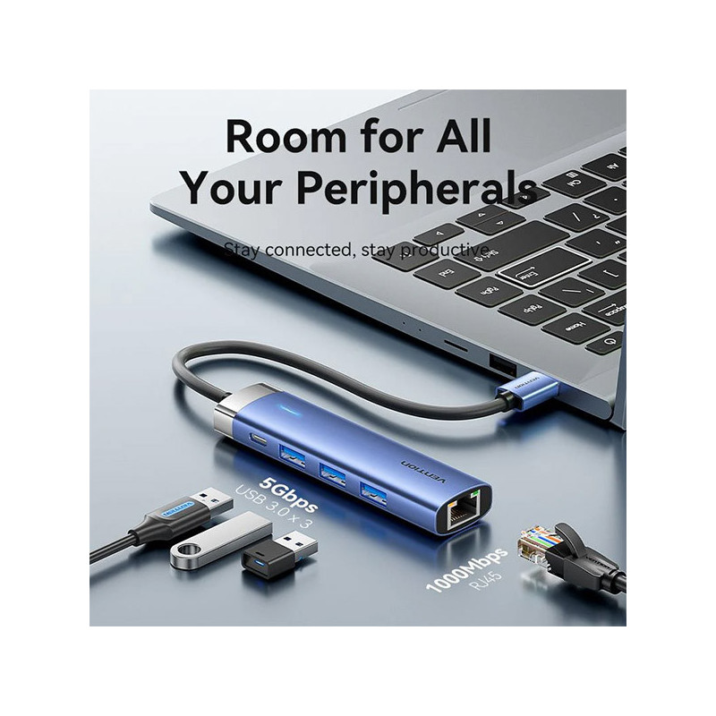 VEN TGFSB Vention 5-in-1 USB 3.0 to USB 3.0 x 3/RJ45/USB-C Hub 0.15M Blue Aluminum Alloy Type VEN TGFSB Vention 5-in-1 USB 3.0 to USB 3.0 x 3/RJ45/USB-C Hub 0.15M Blue Aluminum Alloy Type