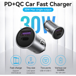 VEN FFFH0 Vention Two-Port USB A+C(30+30) Car Charger Gray Mini Style Aluminium Alloy Type