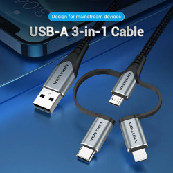 VEN CQJHF Vention USB 2.0 A Male to 3-in-1 Micro-B&USB-C&Lightning Male Cable 1M Gray Aluminum Alloy Type
