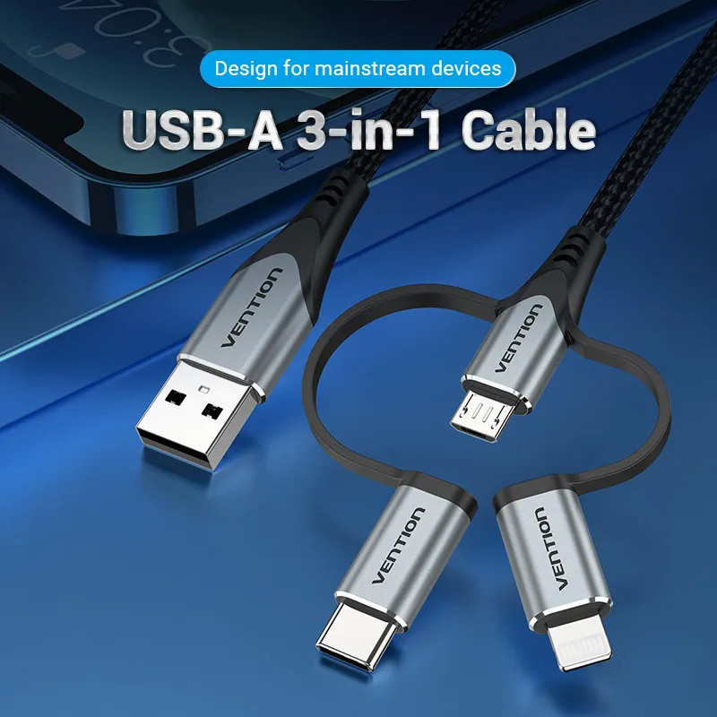 VEN CQJHF Vention USB 2.0 A Male to 3-in-1 Micro-B&USB-C&Lightning Male Cable 1M Gray Aluminum Alloy Type VEN CQJHF Vention USB 2.0 A Male to 3-in-1 Micro-B&USB-C&Lightning Male Cable 1M Gray Aluminum Alloy Type