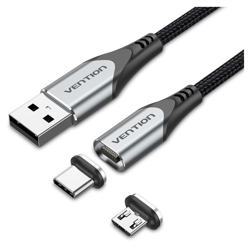 VEN CQMHF Vention USB 2.0 A Male to 2-in-1 Micro-B&USB-C Male Magnetic Cable 1M Gray