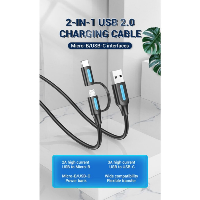 VEN CQDBG Vention USB 2.0 A Male to 2-in-1 Micro-B&USB-C Male Cable 1.5M Black PVC Type VEN CQDBG Vention USB 2.0 A Male to 2-in-1 Micro-B&USB-C Male Cable 1.5M Black PVC Type